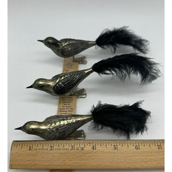 3 Blown Glass Bird Clip On Ornaments Feather Tails Gold & Black Glitter Vintage - Picture 6 of 16